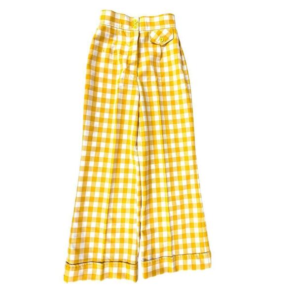 VTG 1970s Miss K 100% Polyester Yellow Checkered Wide Leg Pants Womens XS/S - Picture 1 of 6